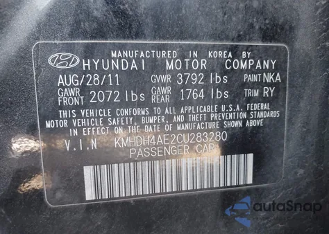 2012 Hyundai Elantra Limited (Ulsan Plant) from USA, damaged, VIN KMHDH4AE2CU283280